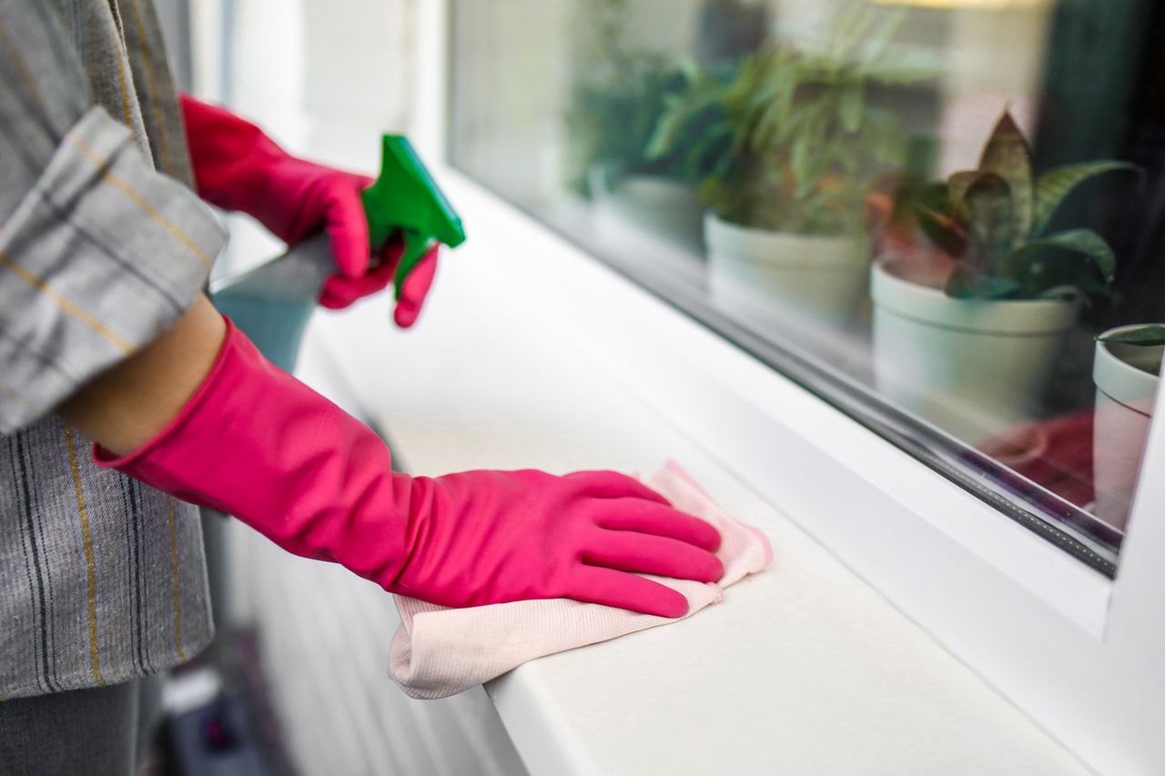 about-02 Close-up of hands in pink gloves using spray bottle and cloth indoors.